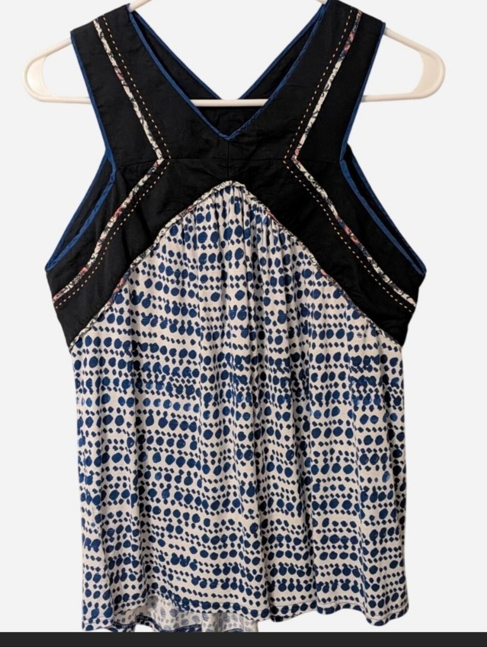 Anthropologie Blue Dot Embroidered Thick Strap Tank Top Sleeveless Blouse Size L